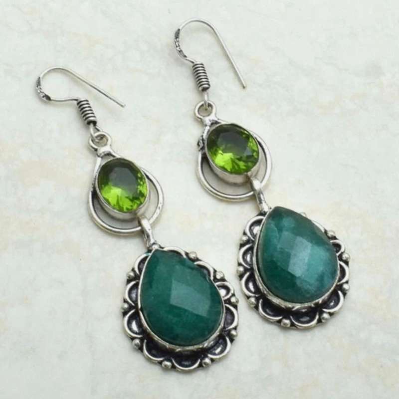 Indian Emerald Round and Peridot set in 925 Sterling Silver Plated Handmade Earrings