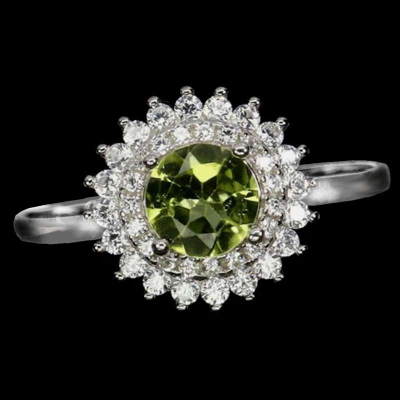 Natural Unheated Round Peridot White CZ Gemstone set in Solid .925 Sterling Silver Ring Size 8 / Q