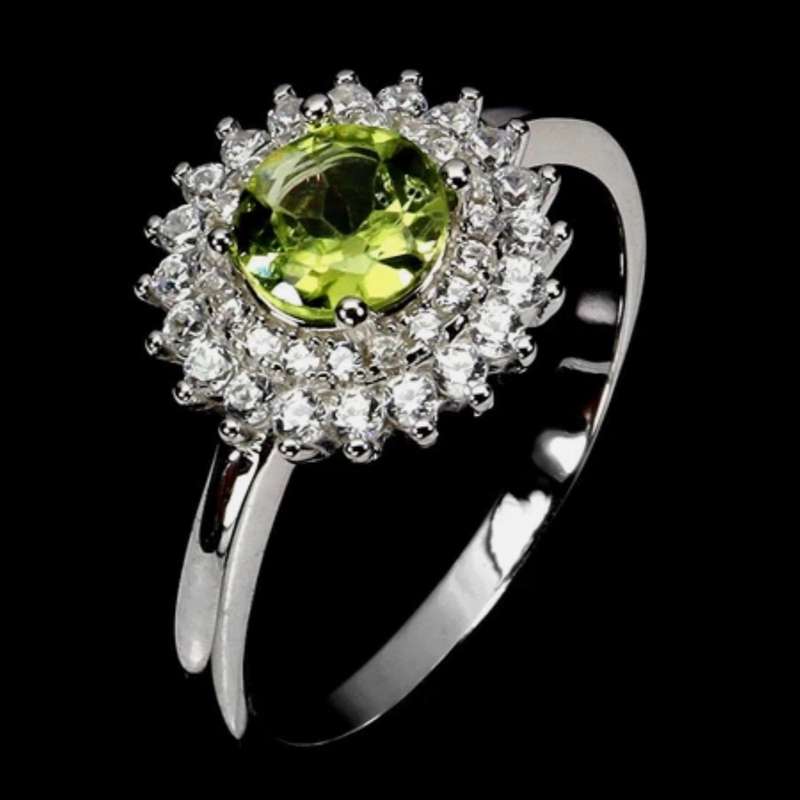 Natural Unheated Round Peridot White CZ Gemstone set in Solid .925 Sterling Silver Ring Size 8 / Q