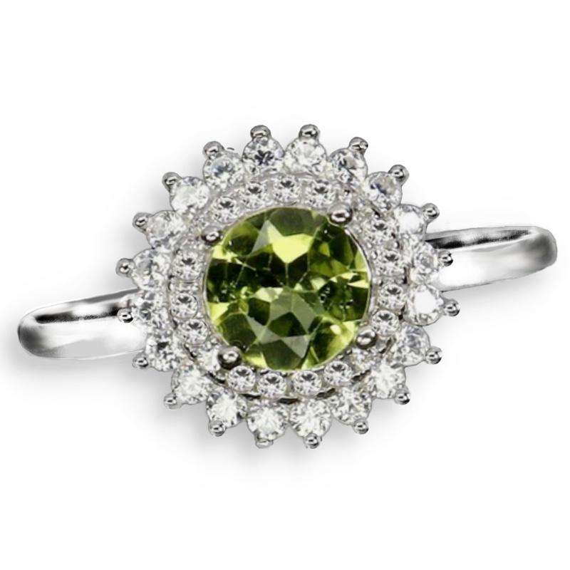 Natural Unheated Round Peridot White CZ Gemstone set in Solid .925 Sterling Silver Ring Size 8 / Q