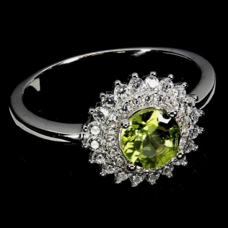 Natural Unheated Round Peridot White CZ Gemstone set in Solid .925 Sterling Silver Ring Size 8 / Q
