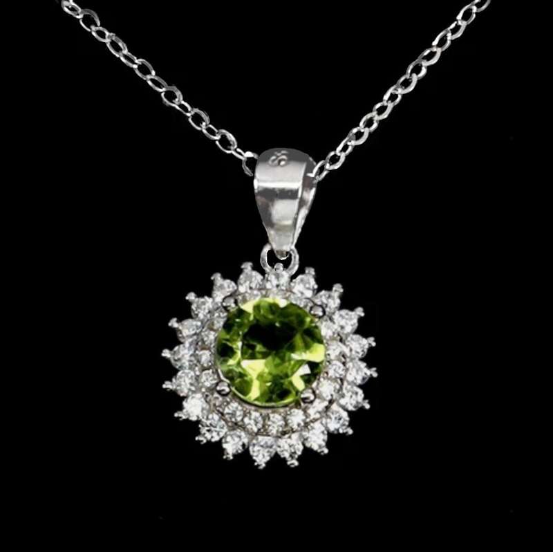 Natural Unheated Round Peridot White CZ Gemstone set in Solid .925 Sterling Silver Ring Size 8 / Q