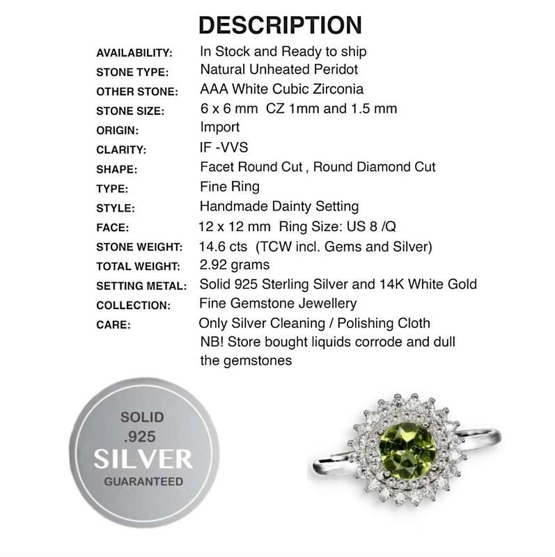 Natural Unheated Round Peridot White CZ Gemstone set in Solid .925 Sterling Silver Ring Size 8 / Q