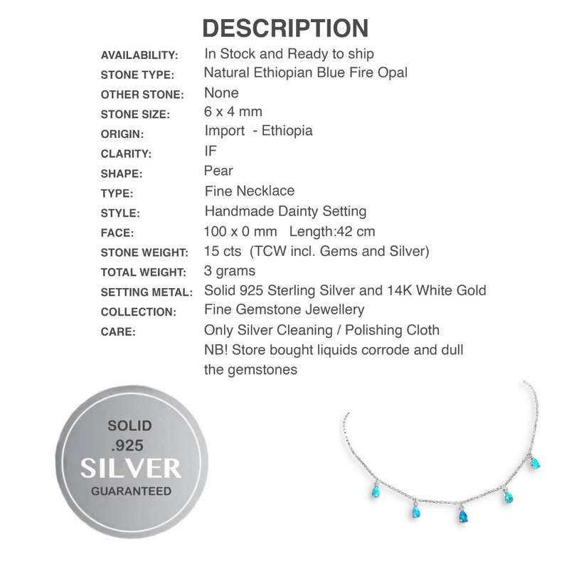 Natural Unheated Blue Fire Opal Gemstone Pears set in Solid .925 Sterling 14K W/Gold Dainty Necklace