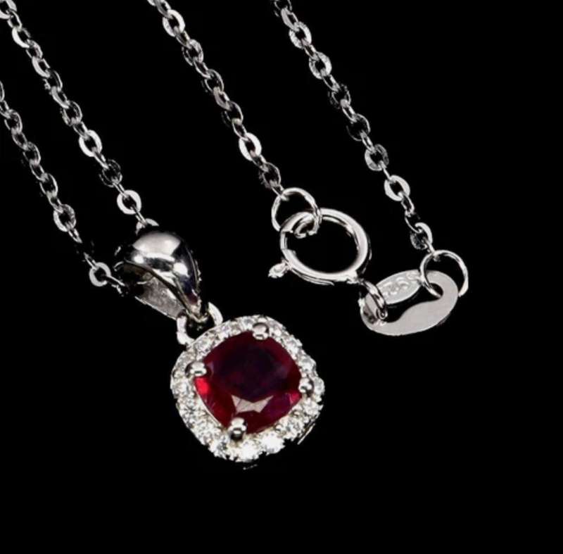 Dainty Natural Ruby & AAA White Cubic Zirconia  .925 Solid Sterling Silver  14K White Gold Necklace