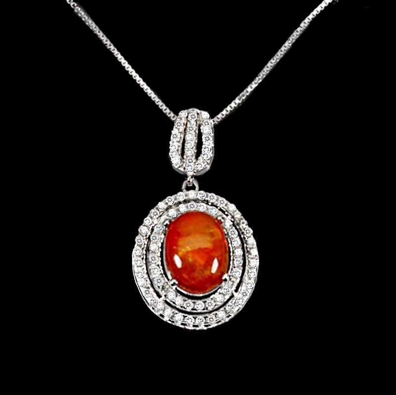 Natural Top Rich Mexican Orange Opal & White Cubic Zirconia Solid .925 Sterling Silver Necklace