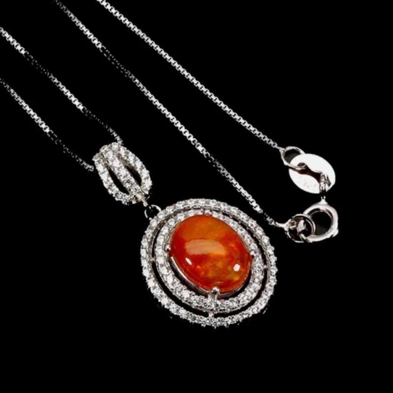 Natural Top Rich Mexican Orange Opal & White Cubic Zirconia Solid .925 Sterling Silver Necklace
