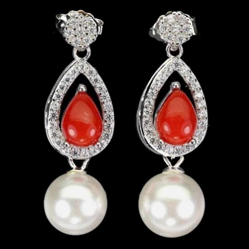 Natural Unheated Italian Coral, Pearl & AAA White CZ in Solid Sterling Silver W/Gold Stud Earrings