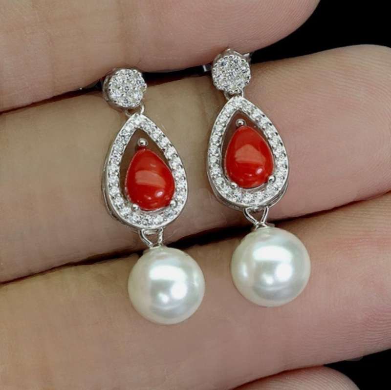 Natural Unheated Italian Coral, Pearl & AAA White CZ in Solid Sterling Silver W/Gold Stud Earrings