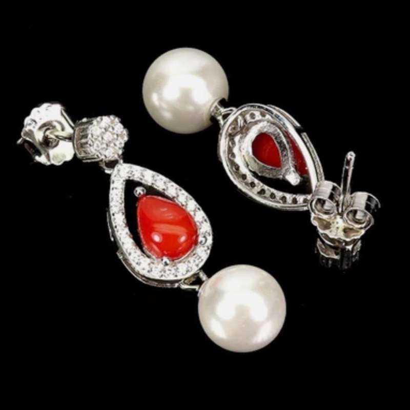 Natural Unheated Italian Coral, Pearl & AAA White CZ in Solid Sterling Silver W/Gold Stud Earrings