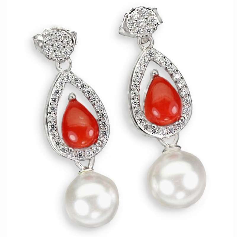 Natural Unheated Italian Coral, Pearl & AAA White CZ in Solid Sterling Silver W/Gold Stud Earrings
