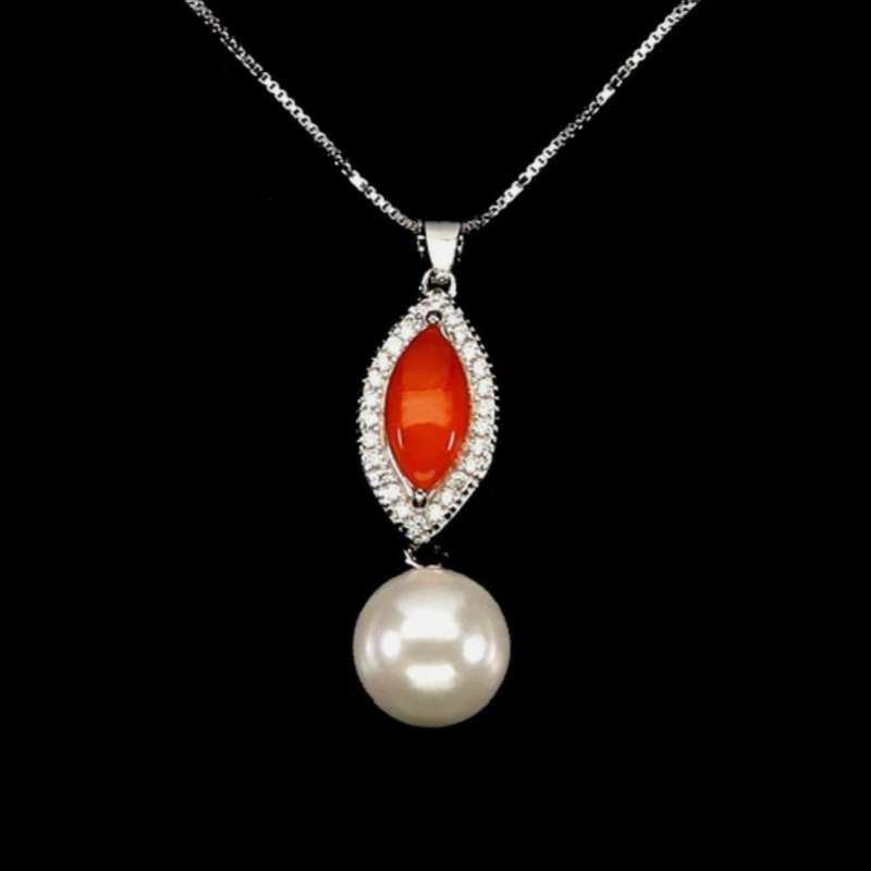 Natural Top Rich Mexican Orange Opal & White CZ Freshwater Pearl Solid .925 Sterling Silver Necklace