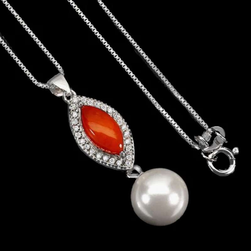 Natural Top Rich Mexican Orange Opal & White CZ Freshwater Pearl Solid .925 Sterling Silver Necklace