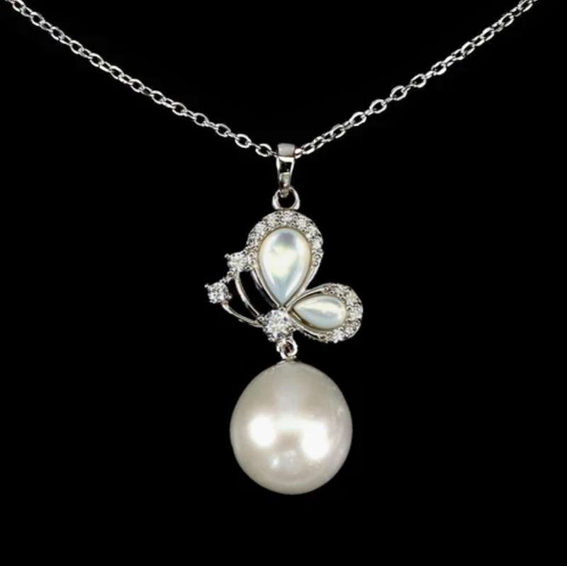 Natural Freshwater Pearl AAA White CZ Mother of Pearl Solid. 925 Sterling Silver 14K W/Gold Necklace
