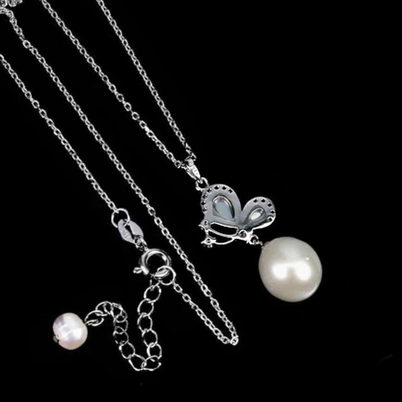 Natural Freshwater Pearl AAA White CZ Mother of Pearl Solid. 925 Sterling Silver 14K W/Gold Necklace