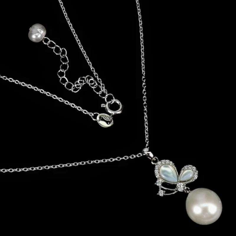 Natural Freshwater Pearl AAA White CZ Mother of Pearl Solid. 925 Sterling Silver 14K W/Gold Necklace