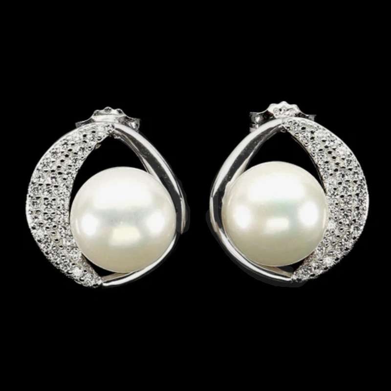 Natural Cultured Freshwater White Pearl, White CZ set in Solid .925 Sterling Silver Stud Earrings