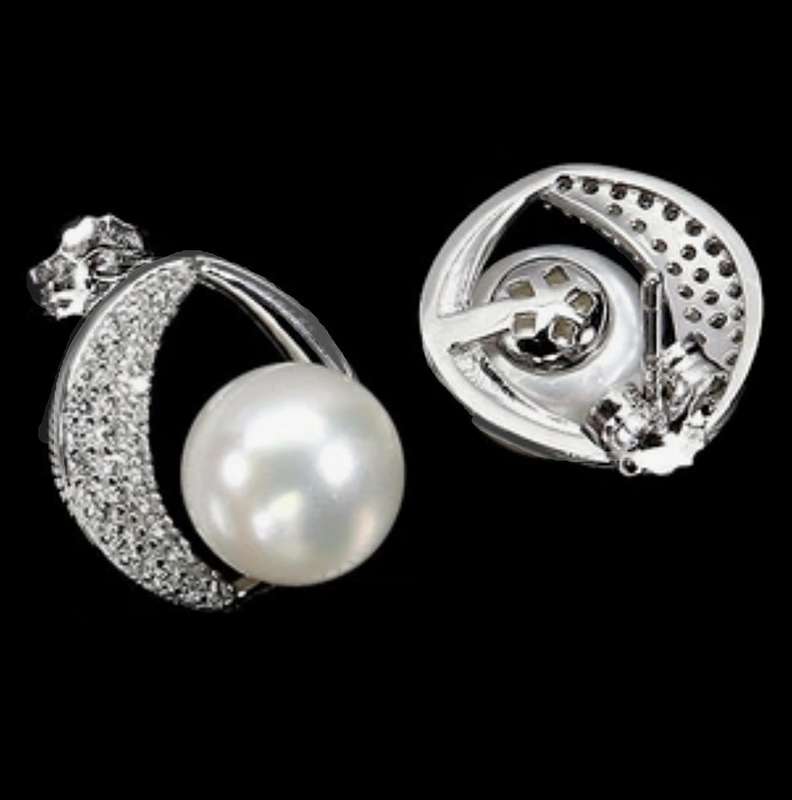 Natural Cultured Freshwater White Pearl, White CZ set in Solid .925 Sterling Silver Stud Earrings