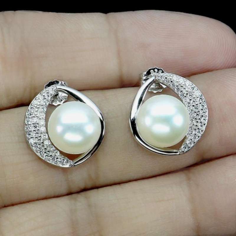 Natural Cultured Freshwater White Pearl, White CZ set in Solid .925 Sterling Silver Stud Earrings