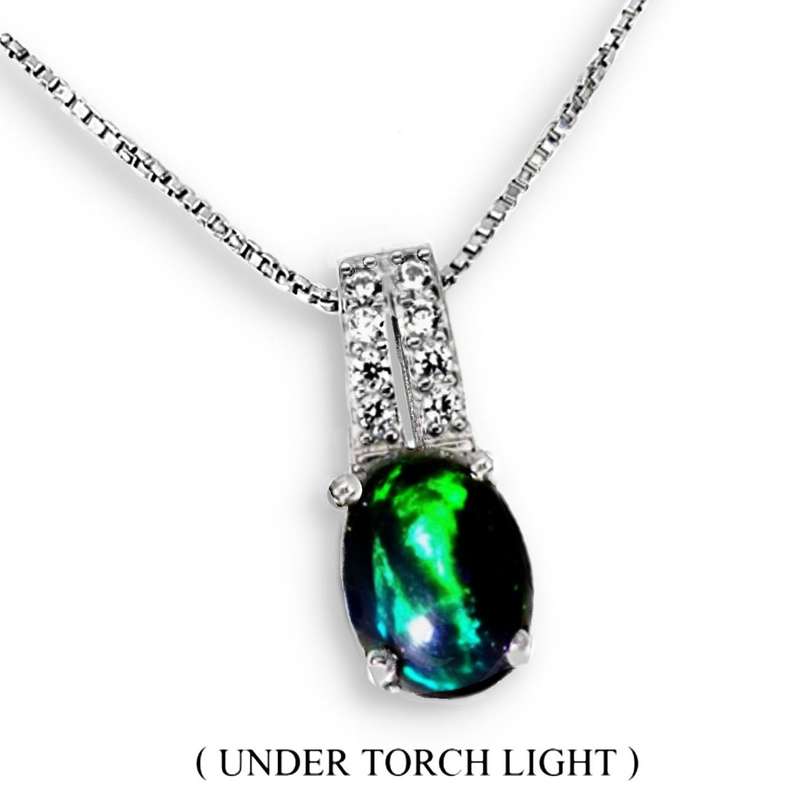 Dainty Natural Rainbow Flash Black Fire Opal Solid.925 Sterling Silver 14K White Gold Necklace