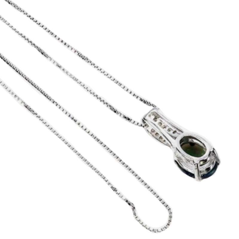 Dainty Natural Rainbow Flash Black Fire Opal Solid.925 Sterling Silver 14K White Gold Necklace