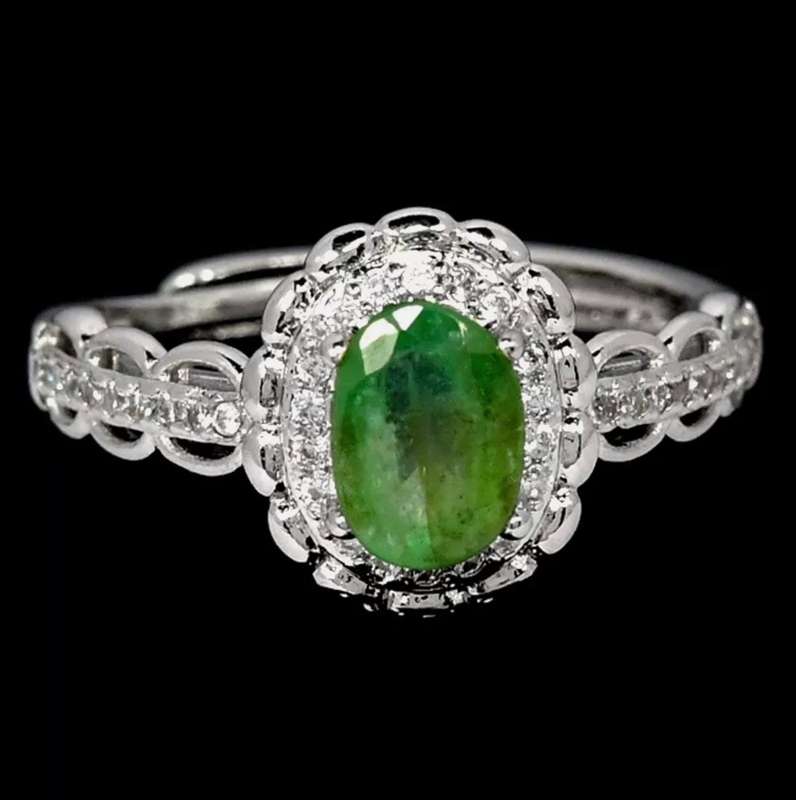 Natural Unheated Brazilian Emerald and White CZ set in Solid .925 Silver 14K W/Gold Adjustable Size