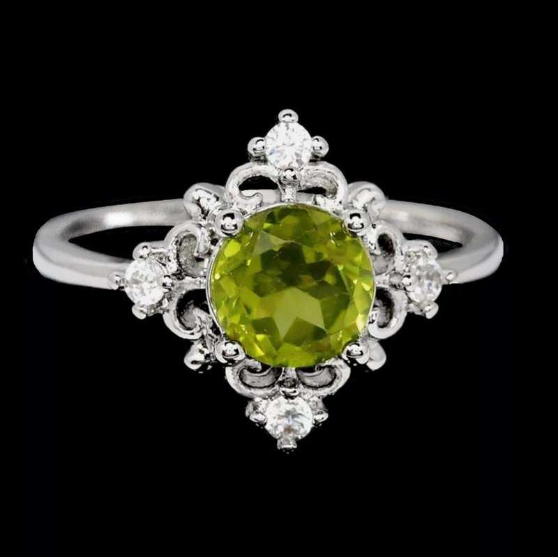 Natural Unheated Round Peridot White CZ Gemstone set in Solid .925 Sterling Silver Ring Size 7 / 0