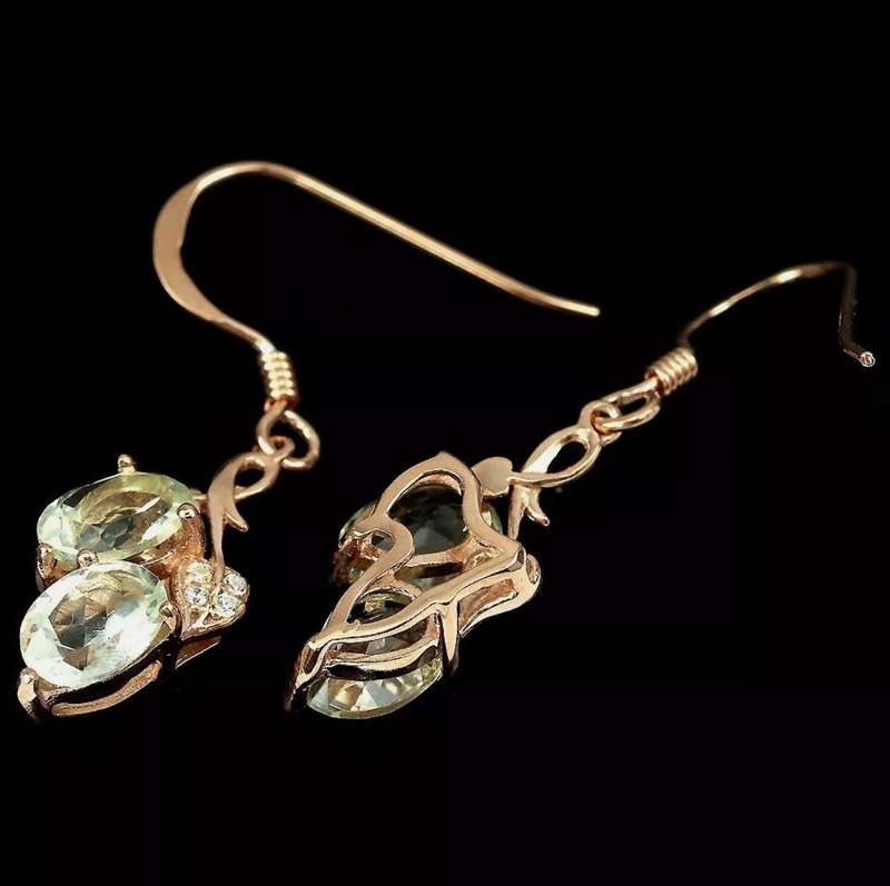 Natural Green Amethyst Oval Gemstones AAA White CZ Solid .925 Sterling Silver 14K Rose Gold Earrings