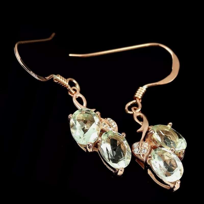 Natural Green Amethyst Oval Gemstones AAA White CZ Solid .925 Sterling Silver 14K Rose Gold Earrings