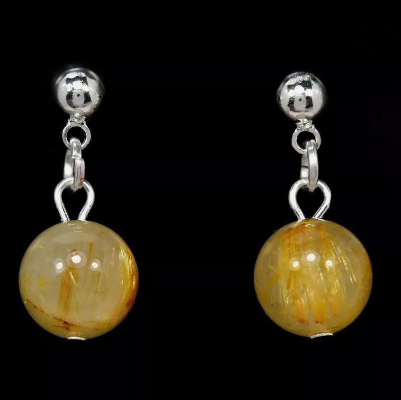 Natural Golden Rutile Quartz set In Solid .925 Sterling Silver 14K White Gold Dainty Stud Earrings