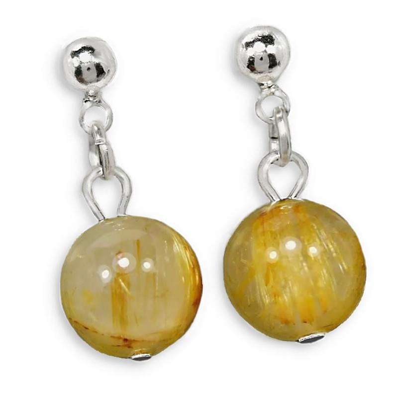 Natural Golden Rutile Quartz set In Solid .925 Sterling Silver 14K White Gold Dainty Stud Earrings