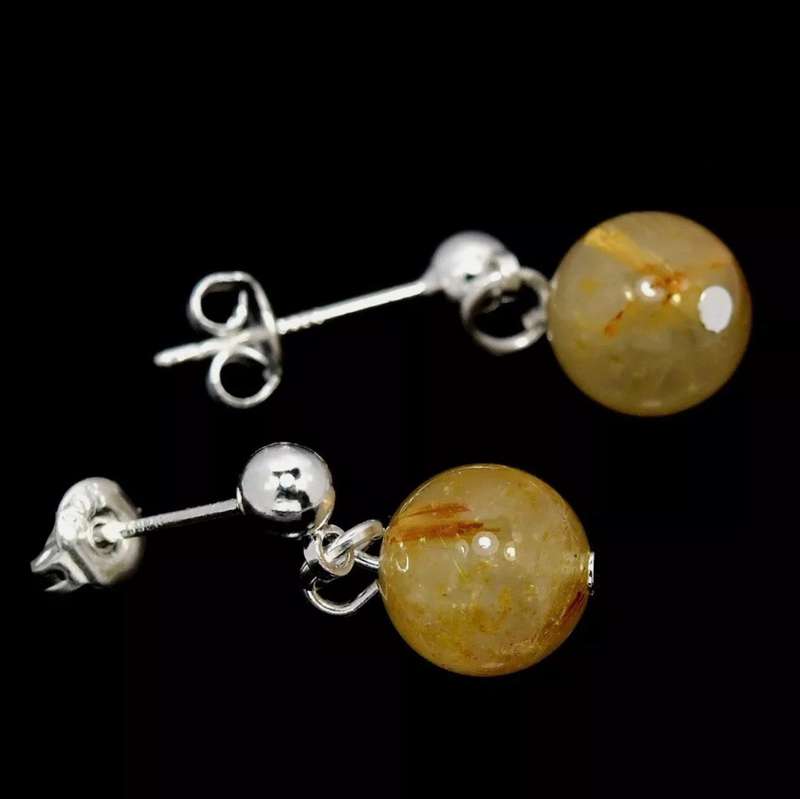 Natural Golden Rutile Quartz set In Solid .925 Sterling Silver 14K White Gold Dainty Stud Earrings