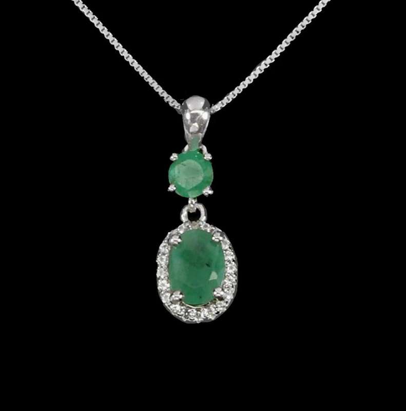 Deluxe Natural Unheated Brazilian Emerald Solid .925 Sterling Silver 14k White Gold Necklace