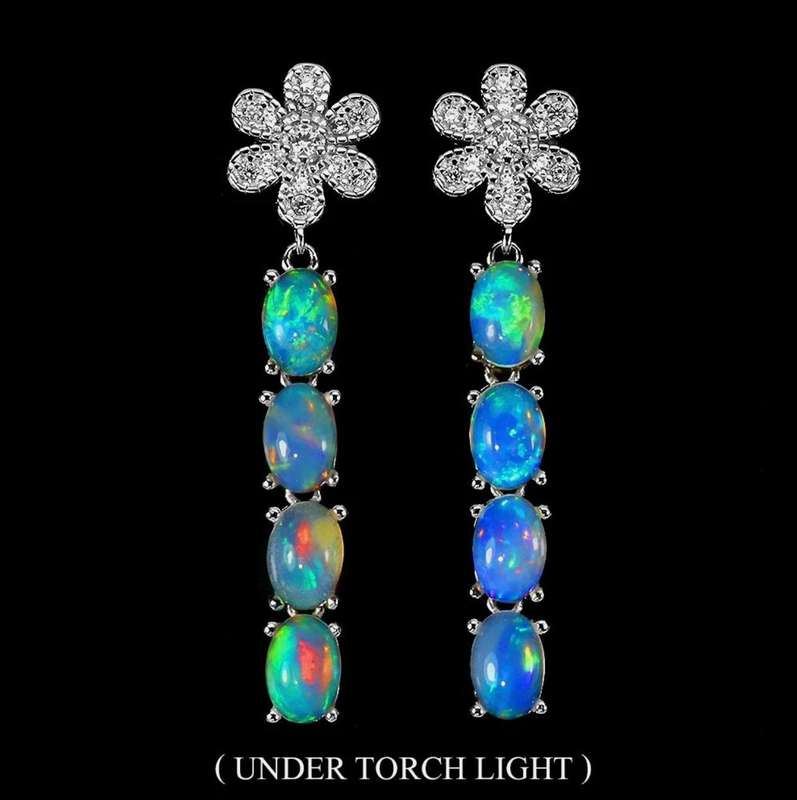 Deluxe Unheated Full Rainbow Fire Opal CZ in 925 Sterling Silver 14K White Gold Floral Stud Earrings