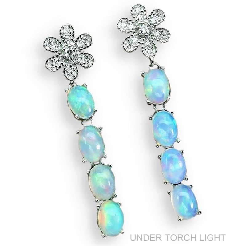 Deluxe Unheated Full Rainbow Fire Opal CZ in 925 Sterling Silver 14K White Gold Floral Stud Earrings