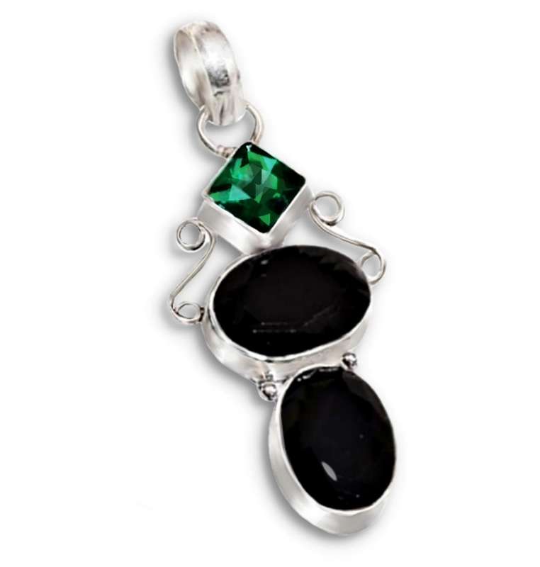 Handmade Emerald Quartz and Black Onyx Gemstone set in .925 Sterling Silver Plated Pendant