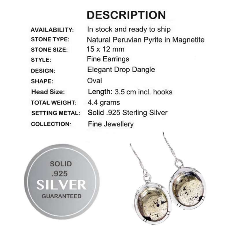 Natural Peruvian Pyrite in Magnetite Oval Gemstone  set in Solid .925 Sterling Silver Earrings
