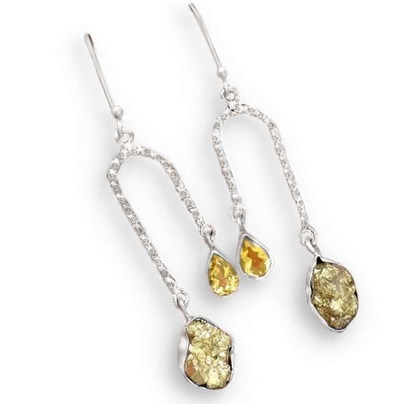 Natural Peruvian Pyrite Rough Nugget ,Citrine set in Solid .925 Sterling Silver Drop Dangle Earrings