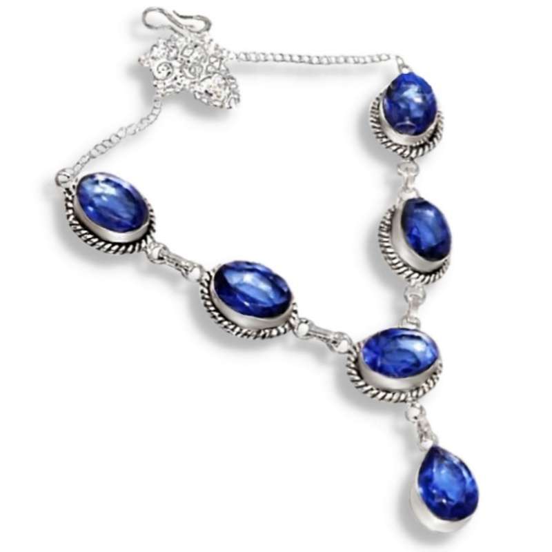 Blue Quartz Ovals set in 925 Sterling Silver Plated Handmade Y Setting Antique Style Necklace