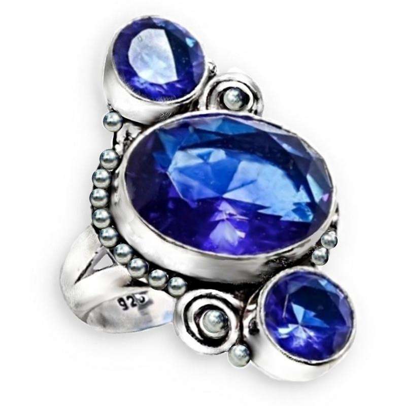 Antique Style Sapphire Blue Quartz set in .925 Sterling Silver Plated Handmade Ring Size 8.75