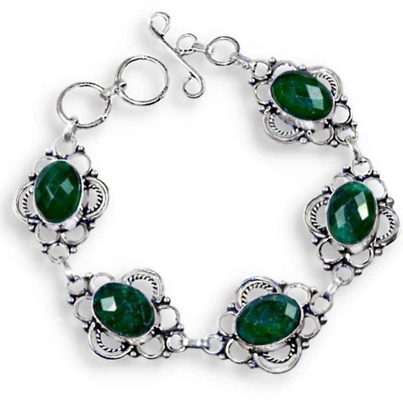 Indian Emerald Quartz Oval Gemstone in .925 Sterling Silver Plated Antique Style Bracelet