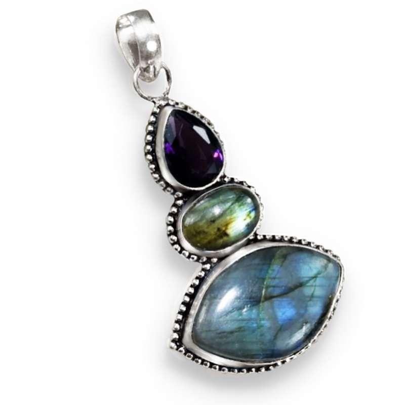 Natural Blue Fire Labradorite and Amethyst Gemstone in .925 Silver Sterling Plated Pendant
