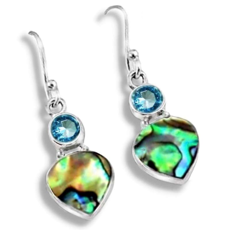 Natural Abalone Shell and Blue Topaz set in Gemstone Solid 925 Sterling Silver Handmade Earrings