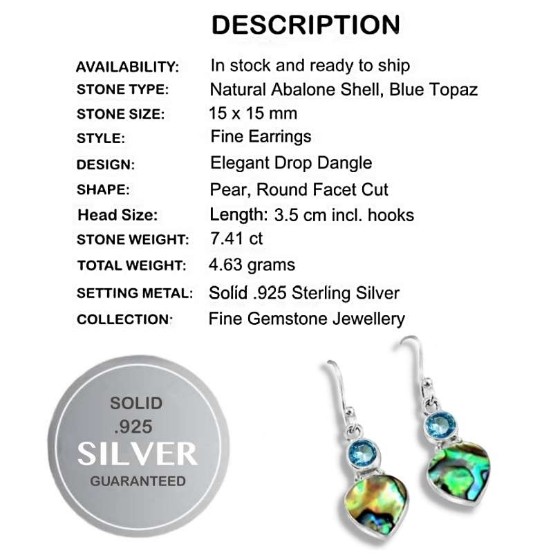 Natural Abalone Shell and Blue Topaz set in Gemstone Solid 925 Sterling Silver Handmade Earrings