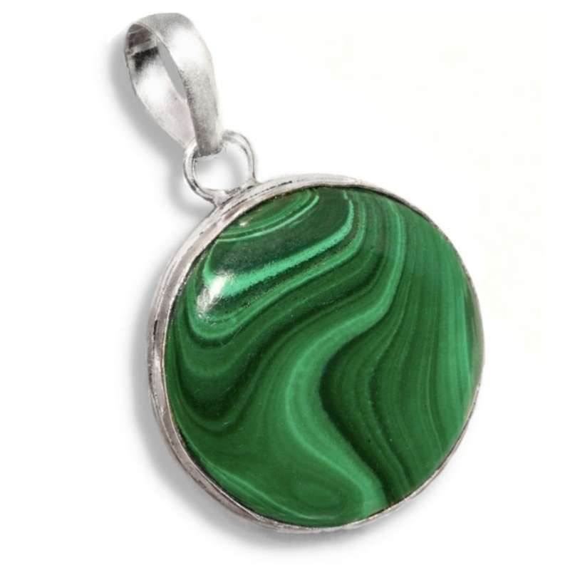 Handmade Natural Malachite Round Gemstone  set in .925 Sterling Silver Plated Handmade Pendant