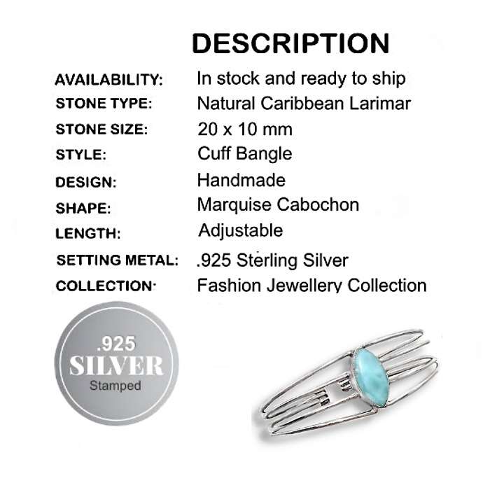 Natural Larimar Marquise Shape Gemstone set in .925 Sterling Silver Plated Handmade Cuff Bangle