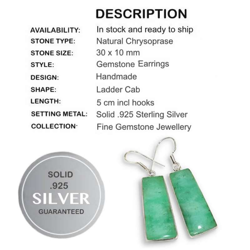 Natural Chrysoprase Gemstone set in Solid .925 Sterling Silver Drop Dangle Earrings