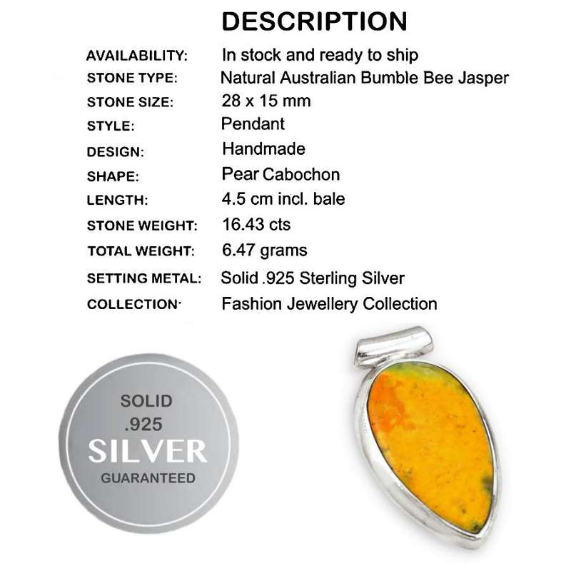Natural Australian Bumble Bee Jasper Pear Shape Gemstone set in Solid .925 Sterling Silver Pendant