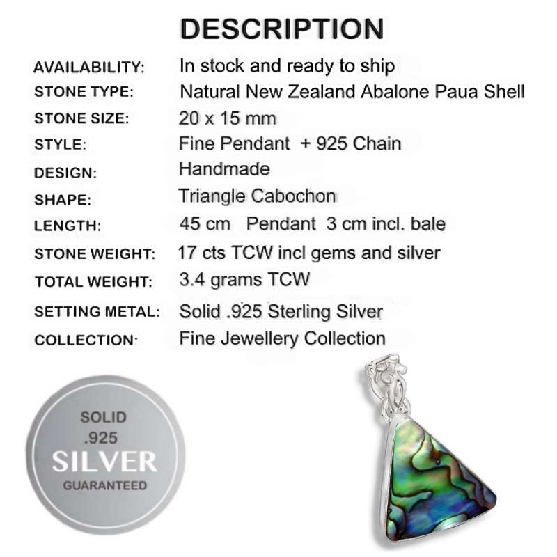 Natural New Zealand Abalone Shell set in Solid 925 Sterling Silver Pendant and Free Chain