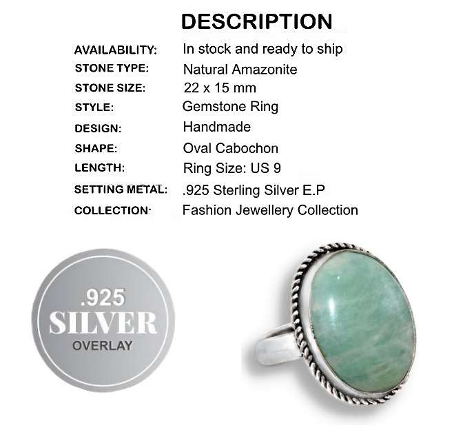 Natural Amazonite  Gemstone .925 Sterling Silver Ring Size US 9 or R1/2